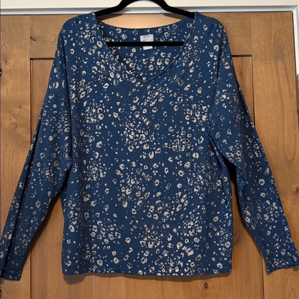 Chico's Rayon stretch V Pullover Top Womens 2 Slate gold speck drop shoulder